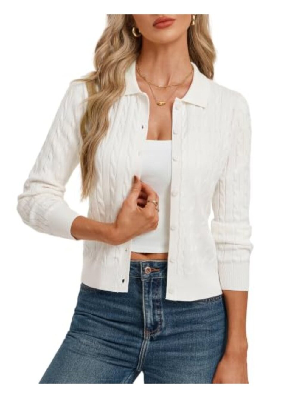 Women's Lightweight Viscose Cable Knit Cardigan with Lapel Collar